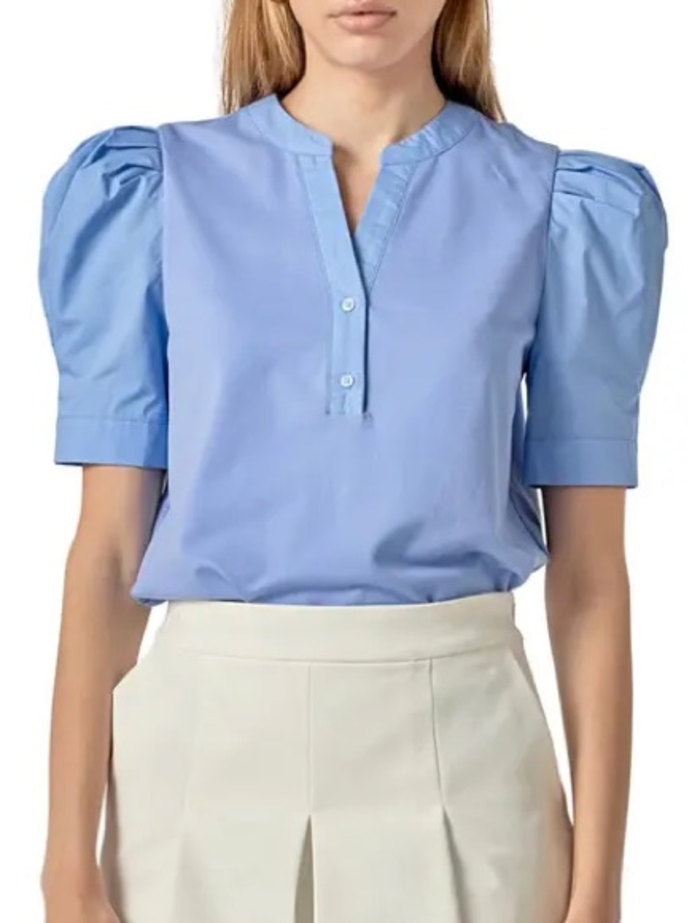 English Factory - Light Blue Puff-Sleeve Henley Mixed Media Top